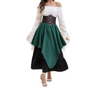 Generisch Donne Medievale Rinascimento Due Pezzi Vittoriani Contadini Volant E Vita Moqued Costume con Cintura Set Boho Pirata Abito Vintage Classico Abito Da Sera Abiti Alla Moda