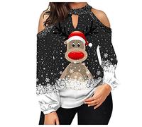 Generisch Donne Natale Off-The-Shoulder Felpa Classica Stampa Maniche Lunghe Moda Inverno Maglione Top Camicetta Ascelle Donna, Nero , XXL
