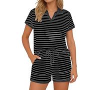 Generisch Due pezzi, da donna, estiva, a righe, a maniche corte, scollo a V, colore a contrasto e pantaloncini con tasche, con coulisse, casual, per il tempo libero, per le vacanze, comodo, per la
