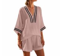 Generisch Due pezzi estivi da donna, con scollo a V, maniche a pipistrello, camicetta e pantaloncini, a vita alta, tinta unita, strisce a contrasto, casual, confortevole, per le vacanze, per il tempo
