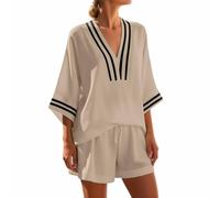 Generisch Due pezzi estivi da donna, con scollo a V, maniche a pipistrello, camicetta e pantaloncini, a vita alta, tinta unita, strisce a contrasto, casual, confortevole, per le vacanze, per il tempo