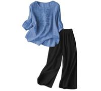 Generisch Due pezzi, vestito estivo da donna, a maniche lunghe, canotta e pantaloni larghi, set da 2 pezzi, elegante, leggero, estivo, da jogging, Blu, XL