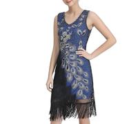 Generisch Elegante abito con paillettes anni '20, stile retrò, doppio scollo a V, per occasioni festive, Blu, XL