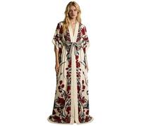 Generisch Elegante abito da mattina floreale a maniche lunghe, morbido e confortevole, ideale come abbigliamento da casa o per il tempo libero, con tasche., bianco, 4XL