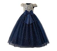 Generisch Elegante abito da ragazza con maniche ricamate svolazzanti fiocco per occasioni festive e tutu party, Blu marino, 8-9 Anni
