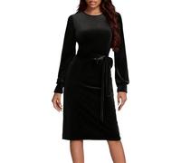 Generisch Elegante abito invernale in velluto con maniche lunghe, fascia in vita per le più esigenti in diverse occasioni, Nero , M