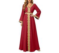 Generisch Elegante abito midi a maniche lunghe con bordo in pizzo floreale, taglio largo, abaya musulmana fluente per le donne nella vita di tutti i giorni, Colore: rosso, L