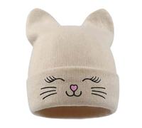 Generisch Elegante berretto invernale a maglia con simpatico ricamo a forma di gatto, morbido berretto per le orecchie, beige., Taglia unica