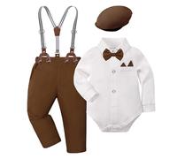 Generisch Elegante camicia a maniche lunghe per ragazzi con bretelle e cappello rimovibile per il servizio fotografico per il primo compleanno del bambino e (Brown, 0-3 mesi) vestito estivo per