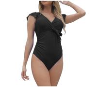 Generisch Elegante costume da bagno da donna Monokini con maniche a petali legate per vacanze al mare piscina, Nero , M