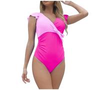 Generisch Elegante costume da bagno da donna Monokini con maniche a petali legate per vacanze al mare piscina, rosa intenso, XL