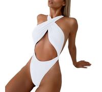 Generisch Elegante costume da bagno Monokini con schiena libera da donna costume da bagno tinta unita con scollo, bianco, S