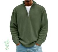 Generisch Elegante felpa polo da uomo in velluto a coste con cerniera a quarti, maglietta Henley a coste, modello leggero con colletto alto testurizzato, disponibile anche in taglie grandi, Verde