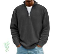 Generisch Elegante felpa polo da uomo in velluto a coste con cerniera a quarti, maglietta Henley a coste, modello leggero con colletto alto testurizzato, disponibile anche in taglie grandi, Nero , L