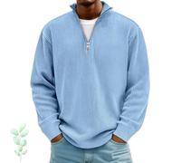 Generisch Elegante felpa polo da uomo in velluto a coste con cerniera a quarti, maglietta Henley a coste, modello leggero con colletto alto testurizzato, disponibile anche in taglie grandi, Blu, S