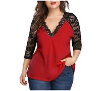 Generisch Elegante maglia patchwork in chiffon, taglie forti, con profondo scollo a V, decorazione in pizzo in filigrana, maniche a tre quarti per donne attente allo stile e alla moda, Colore: rosso
