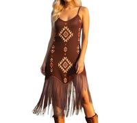 Generisch Elegante maxi abito con maniche lunghe e frange in stile bohémien per un look casual - Comoda tunica fluida, caffè, M