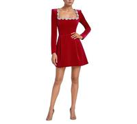 Generisch Elegante mini abito in velluto con scollo quadrato dettagli strass per un look casual alla moda, Colore: rosso, L