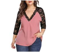 Generisch Elegante patchwork chiffon Plus Size Top con scollo a V profondo in filigrana, decorazione in pizzo, maniche a tre quarti, per donne attente allo stile, look trendy, Colore: rosa., XL