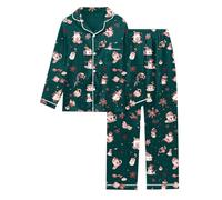 Generisch Elegante pigiama da donna, a maniche lunghe, con stampa alla moda, comodo, per le notti rilassanti, Verde scuro, L