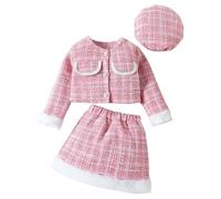 Generisch Elegante vestito da bambina in due pezzi con cappello abbinato nel classico motivo a quadri, look autunnale invernale per ragazze adolescenti, Colore: rosso, 3-4 Anni