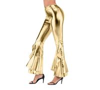 Generisch Eleganti pantaloni casual con effetto svasato lucido, orlo asimmetrico e gamba larga con taglio bootcut, ideali per spettacoli sul palco e per l'uso quotidiano., gold, XXL