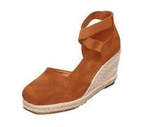 Generisch Espadrillas da donna con tacco a zeppa e cinturino incrociato, sandali con plateau chiuso e suola in rafia, scarpe estive classiche per un look elegante, Stile K03 marrone, 41 EU