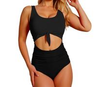 Generisch été 2026, costume da bagno da donna dimagrante, con scollo a nodo, con arricciature per un design elegante in spiaggia o in piscina, Nero , L