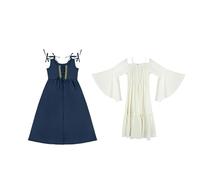 Generisch European and American Square Colllar Bundle Waist Medieval Retro Dress Baby Girl, Blu, 7-8 Jahre