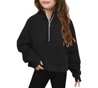 Generisch Felpa a mezza zip per ragazze, a maniche lunghe, per bambini, leggera, invernale, per adolescenti, Nero , 4-5 Jahre
