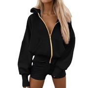 Generisch Felpa con cappuccio casual da uomo con cerniera a maniche lunghe, vestibilità larga, con tasca per viaggi all'aperto, autunno e inverno, comoda felpa spessa da donna, Nero , S