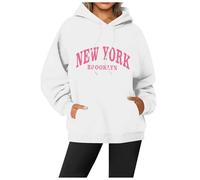 Generisch Felpa con cappuccio con orecchie con stampa a lettere da donna a maniche lunghe, con tasche per le mezze stagioni, bianco, XL
