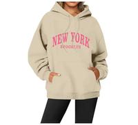 Generisch Felpa con cappuccio con orecchie con stampa a lettere da donna a maniche lunghe, con tasche per le mezze stagioni, beige., L