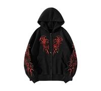 Generisch Felpa con cappuccio con zip da uomo in stile Y2K con stampa ad ali gotiche - Giacca con cappuccio con motivo tribale su petto e maniche | Giacca casual streetwear per un look alternativo, L