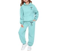 Generisch Felpa con cappuccio da bambina con stampa a lettere e pantaloni, casual, alla moda, in due pezzi, comodo, per tutti i giorni, carino, bambino, morbido, stile jogger, Verde menta, 10-11 Anni