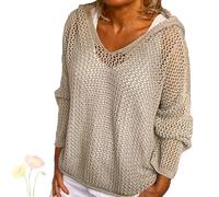 Generisch Felpa con cappuccio da donna all'uncinetto, maglia a maniche lunghe, da spiaggia, cachi, M-5XL