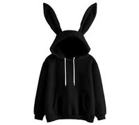 Generisch Felpa con cappuccio da donna, con cappuccio, alla moda, a maniche lunghe, con dettagli per le orecchie, Nero , M