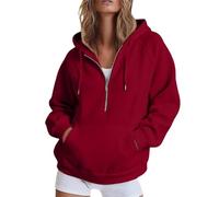 Generisch Felpa con cappuccio da donna con cerniera a 1/4, in cotone, a maniche lunghe, girocollo, slim fit, per il tempo libero, lo sport, per allenamento, streetwear, Colore: rosso, L