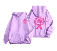 Generisch Felpa con cappuccio da donna con chiusura lampo per il cancro al seno, tasche con coulisse, per tutti i giorni, Lilla, XXL