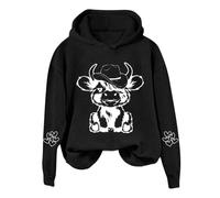 Generisch Felpa con cappuccio da donna con grazioso motivo bovino altopiano - Felpa casual con mucca da cowboy | felpa con animali con stampa sulle maniche, Stil_q01 Nero, L
