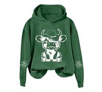 Generisch Felpa con cappuccio da donna con grazioso motivo bovino altopiano - Felpa casual con mucca da cowboy | felpa con animali con stampa sulle maniche, Stil_q04 verde, L