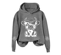 Generisch Felpa con cappuccio da donna con grazioso motivo bovino altopiano - Felpa casual con mucca da cowboy | felpa con animali con stampa sulle maniche, Stil_q05 Grigio, L