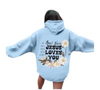 Generisch Felpa con cappuccio da donna con lettere grafica, oversize, casual, a maniche lunghe, con cappuccio e tasche con coulisse, Azzurro, XXL