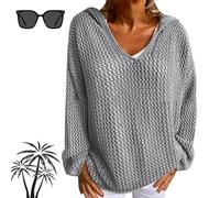 Generisch Felpa con cappuccio da donna con motivo all'uncinetto, maglione a maniche lunghe con spalle sovrapposte, abbigliamento lavorato a maglia, rivestimento estivo, grigio chiaro, M