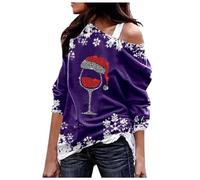 Generisch Felpa con cappuccio da donna con spalle oblique, alla moda, casual, per Halloween, calice da vino rosso, motivo fiocchi di neve, stampa media, bomber ragazza, Lilla, 3XL