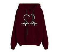 Generisch Felpa con cappuccio da donna con stampa colorata, a maniche lunghe, in cotone, vestibilità casual, comoda, per lo shopping, per la transizione, per l'inverno, per la transizione, Vino, XL