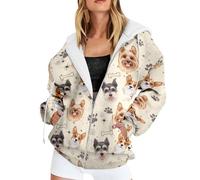Generisch Felpa con cappuccio da donna con stampa di cani, con chiusura lampo con motivo animali; felpa casual con stampa allover per gli amanti dei cani, Stil_w01 Beige, M