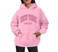 Generisch Felpa con cappuccio da donna con stampa New York Brooklyn, a maniche lunghe, in stile college. Felpa casual con tasca a marsupio, Stil_z06 rosa, XL
