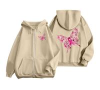 Generisch Felpa con cappuccio da donna con zip per la coscienza del cancro al seno - Felpa con cappuccio con farfalla e nastro rosa | Giacca Statement per il supporto di ottobre, Stil_y01 Beige, 3XL