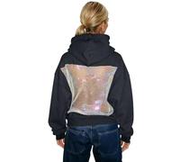 Generisch - Felpa con cappuccio da donna, oversize, scollata e trasparente, con schiena in mesh, stile Hip Hop Y2K, streetwear, a maniche lunghe, sexy, in maglia traforata, con cristalli, Nero , S